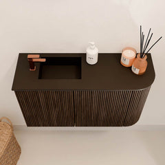 JOYA 71,6cm toiletmeubel ronding rechts kleur Walnut. Wastafel FAYE positie Links 1 kraangat kleur Urban.