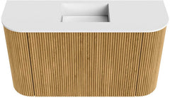 JOYA 73,2cm toiletmeubel ronding links + rechts kleur Oak. Wastafel FAYE positie Midden Zonder kraangat kleur Talc.