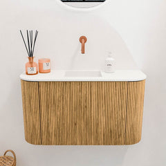 JOYA 73,2cm toiletmeubel ronding links + rechts kleur Oak. Wastafel FAYE positie Midden Zonder kraangat kleur Talc.