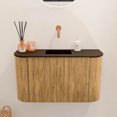 JOYA 73,2cm toiletmeubel ronding links + rechts kleur Oak. Wastafel FAYE positie Midden Zonder kraangat kleur Urban.