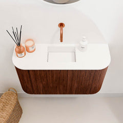 JOYA 73,2cm toiletmeubel ronding links + rechts kleur Ruby. Wastafel FAYE positie Midden Zonder kraangat kleur Talc.