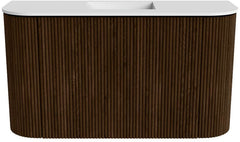 JOYA 73,2cm toiletmeubel ronding links + rechts kleur Walnut. Wastafel FAYE positie Midden Zonder kraangat kleur Talc.