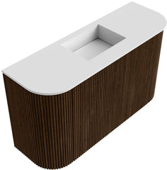 JOYA 73,2cm toiletmeubel ronding links + rechts kleur Walnut. Wastafel FAYE positie Midden Zonder kraangat kleur Talc.