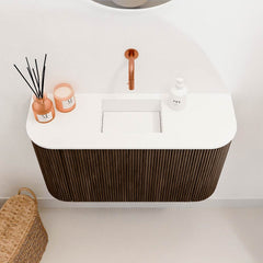 JOYA 73,2cm toiletmeubel ronding links + rechts kleur Walnut. Wastafel FAYE positie Midden Zonder kraangat kleur Talc.