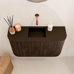 JOYA 73,2cm toiletmeubel ronding links + rechts kleur Walnut. Wastafel FAYE positie Midden Zonder kraangat kleur Urban.