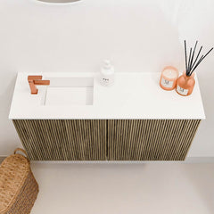 JOYA 80cm toiletmeubel kleur Dusk. Wastafel FAYE positie Links 1 kraangat kleur Talc.