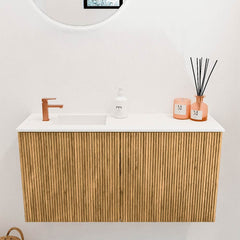 JOYA 80cm toiletmeubel kleur Oak. Wastafel FAYE positie Links 1 kraangat kleur Talc.