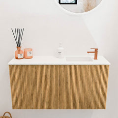 JOYA 80cm toiletmeubel kleur Oak. Wastafel FAYE positie Rechts 1 kraangat kleur Talc.