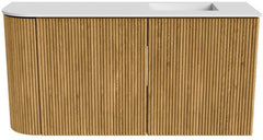 JOYA 81,6cm toiletmeubel ronding links kleur Oak. Wastafel FAYE positie Rechts Zonder kraangat kleur Talc.