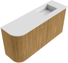 JOYA 81,6cm toiletmeubel ronding links kleur Oak. Wastafel FAYE positie Rechts Zonder kraangat kleur Talc.