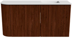 JOYA 81,6cm toiletmeubel ronding links kleur Ruby. Wastafel FAYE positie Rechts Zonder kraangat kleur Talc.