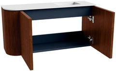 JOYA 81,6cm toiletmeubel ronding links kleur Ruby. Wastafel FAYE positie Rechts Zonder kraangat kleur Talc.