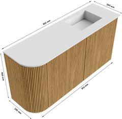 JOYA 81,6cm toiletmeubel ronding links kleur Walnut. Wastafel FAYE positie Rechts Zonder kraangat kleur Talc.
