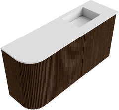 JOYA 81,6cm toiletmeubel ronding links kleur Walnut. Wastafel FAYE positie Rechts Zonder kraangat kleur Talc.