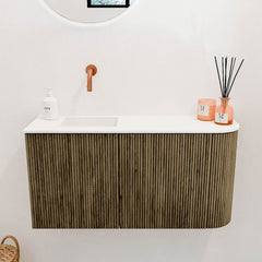 JOYA 81,6cm toiletmeubel ronding rechts kleur Dusk. Wastafel FAYE positie Links Zonder kraangat kleur Talc.