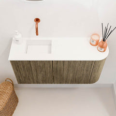 JOYA 81,6cm toiletmeubel ronding rechts kleur Dusk. Wastafel FAYE positie Links Zonder kraangat kleur Talc.