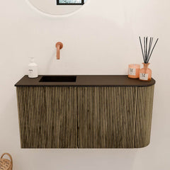 JOYA 81,6cm toiletmeubel ronding rechts kleur Dusk. Wastafel FAYE positie Links Zonder kraangat kleur Urban.