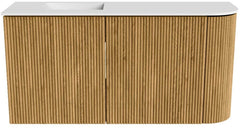 JOYA 81,6cm toiletmeubel ronding rechts kleur Oak. Wastafel FAYE positie Links Zonder kraangat kleur Talc.