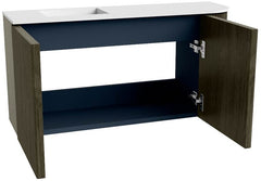 JOYA 81,6cm toiletmeubel ronding rechts kleur Shadow. Wastafel FAYE positie Links Zonder kraangat kleur Talc.