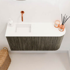 JOYA 81,6cm toiletmeubel ronding rechts kleur Shadow. Wastafel FAYE positie Links Zonder kraangat kleur Talc.