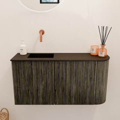 JOYA 81,6cm toiletmeubel ronding rechts kleur Shadow. Wastafel FAYE positie Links Zonder kraangat kleur Urban.