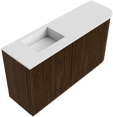 JOYA 81,6cm toiletmeubel ronding rechts kleur Walnut. Wastafel FAYE positie Links Zonder kraangat kleur Talc.