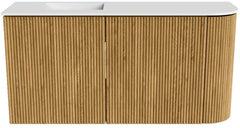 JOYA 81,6cm toiletmeubel ronding rechts kleur Oak. Wastafel FAYE positie Links 1 kraangat kleur Talc.