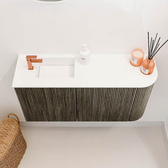 JOYA 81,6cm toiletmeubel ronding rechts kleur Shadow. Wastafel FAYE positie Links 1 kraangat kleur Talc.