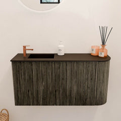 JOYA 81,6cm toiletmeubel ronding rechts kleur Shadow. Wastafel FAYE positie Links 1 kraangat kleur Urban.