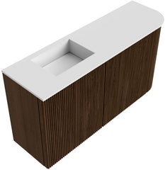 JOYA 81,6cm toiletmeubel ronding rechts kleur Walnut. Wastafel FAYE positie Links 1 kraangat kleur Talc.