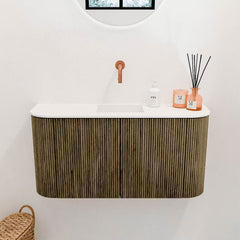 JOYA 83,2cm toiletmeubel ronding links + rechts kleur Dusk. Wastafel FAYE positie Midden Zonder kraangat kleur Talc.