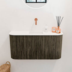 JOYA 83,2cm toiletmeubel ronding links + rechts kleur Shadow. Wastafel FAYE positie Midden Zonder kraangat kleur Talc.