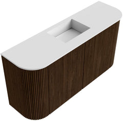 JOYA 83,2cm toiletmeubel ronding links + rechts kleur Walnut. Wastafel FAYE positie Midden Zonder kraangat kleur Talc.