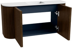 JOYA 83,2cm toiletmeubel ronding links + rechts kleur Walnut. Wastafel FAYE positie Midden 1 kraangat kleur Talc.