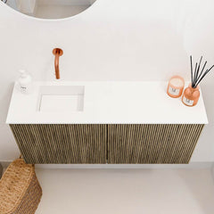 JOYA 90cm toiletmeubel kleur Dusk. Wastafel FAYE positie Links Zonder kraangat kleur Talc.