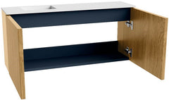 JOYA 90cm toiletmeubel kleur Oak. Wastafel FAYE positie Links Zonder kraangat kleur Talc.