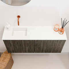 JOYA 90cm toiletmeubel kleur Shadow. Wastafel FAYE positie Links Zonder kraangat kleur Talc.