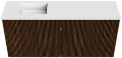 JOYA 90cm toiletmeubel kleur Walnut. Wastafel FAYE positie Links Zonder kraangat kleur Talc.