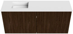JOYA 90cm toiletmeubel kleur Walnut. Wastafel FAYE positie Links Zonder kraangat kleur Talc.
