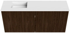 JOYA 90cm toiletmeubel kleur Walnut. Wastafel FAYE positie Links 1 kraangat kleur Talc.