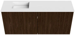 JOYA 90cm toiletmeubel kleur Walnut. Wastafel FAYE positie Links 1 kraangat kleur Talc.