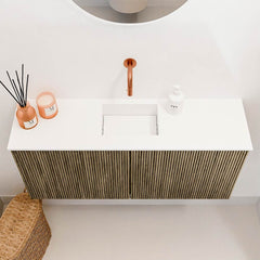 JOYA 90cm toiletmeubel kleur Dusk. Wastafel FAYE positie Midden Zonder kraangat kleur Talc.