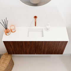 JOYA 90cm toiletmeubel kleur Ruby. Wastafel FAYE positie Midden Zonder kraangat kleur Talc.