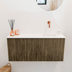 JOYA 90cm toiletmeubel kleur Dusk. Wastafel FAYE positie Rechts Zonder kraangat kleur Talc.