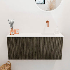 JOYA 90cm toiletmeubel kleur Shadow. Wastafel FAYE positie Rechts Zonder kraangat kleur Talc.