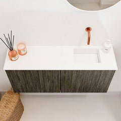 JOYA 90cm toiletmeubel kleur Shadow. Wastafel FAYE positie Rechts Zonder kraangat kleur Talc.