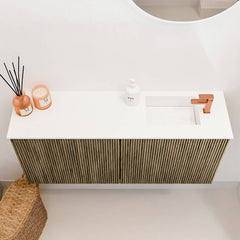 JOYA 90cm toiletmeubel kleur Dusk. Wastafel FAYE positie Rechts 1 kraangat kleur Talc.