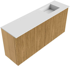 JOYA 90cm toiletmeubel kleur Oak. Wastafel FAYE positie Rechts 1 kraangat kleur Talc.