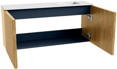 JOYA 90cm toiletmeubel kleur Oak. Wastafel FAYE positie Rechts 1 kraangat kleur Talc.