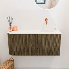 JOYA 91,6cm toiletmeubel ronding links kleur Dusk. Wastafel FAYE positie Rechts Zonder kraangat kleur Talc.